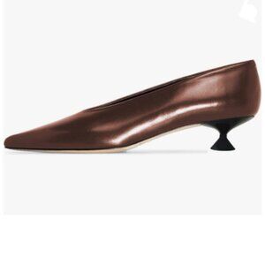 FSJ Brown Pointed Toe V Cut Low Kitten Heel Slip On Pumps Soft Leather Shoes